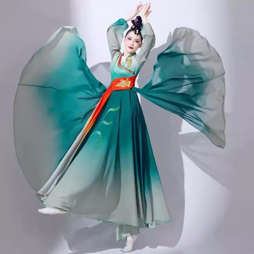 Green Chinese folk Classical dance costumes fairy hanfu for women girls China oriental ancient Han and Tang Caiju dance flowing dresses solo dance big skirt